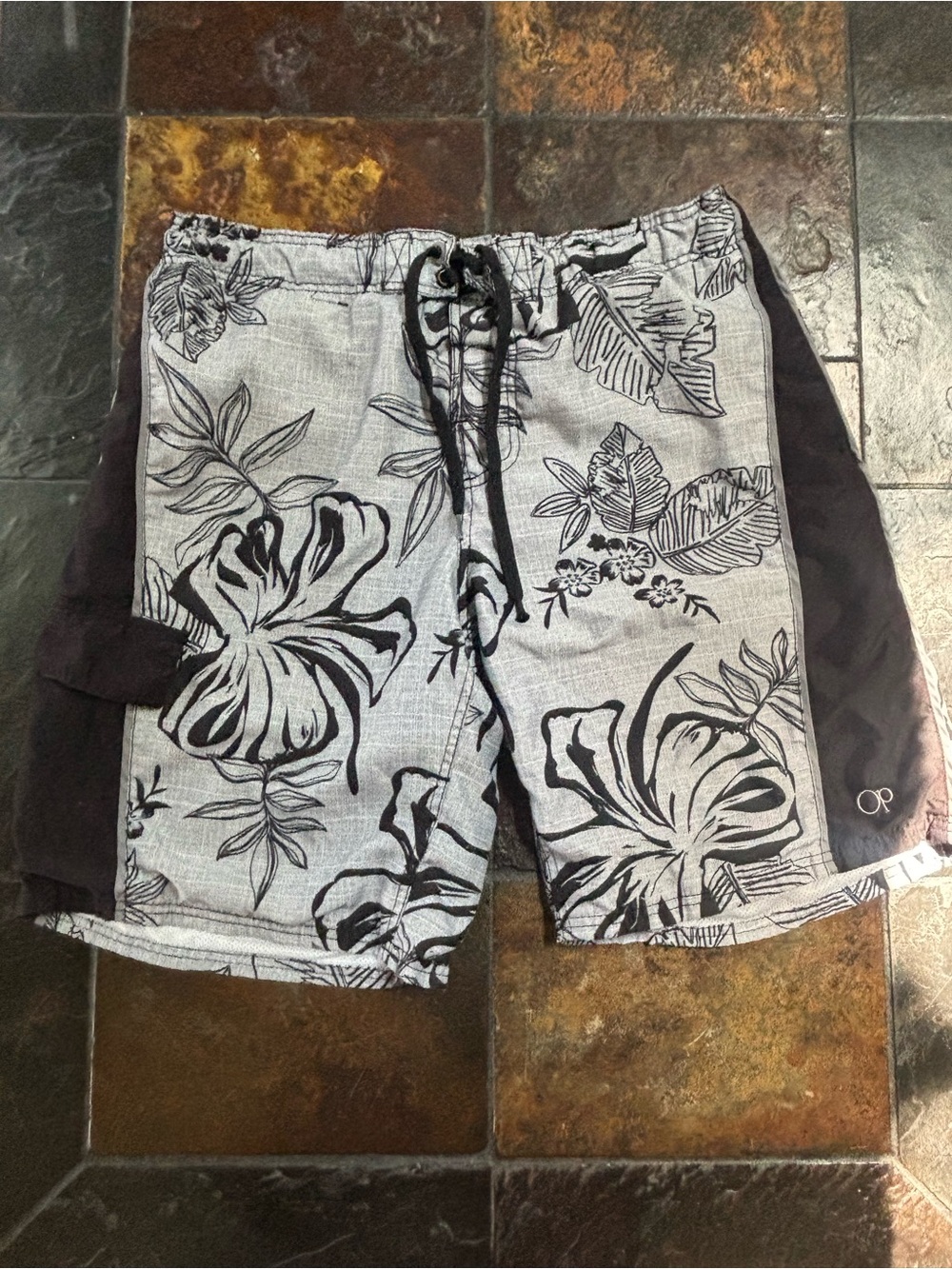 OP Black and Gray Floral Swim Trunks